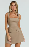 Garrett Mini Elbise - Mocha Kare Yaka Fit & Flare Elbise