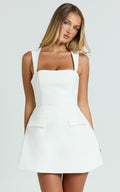 Garrett Mini Elbise - Beyaz Kare Yaka Fit & Flare Elbise