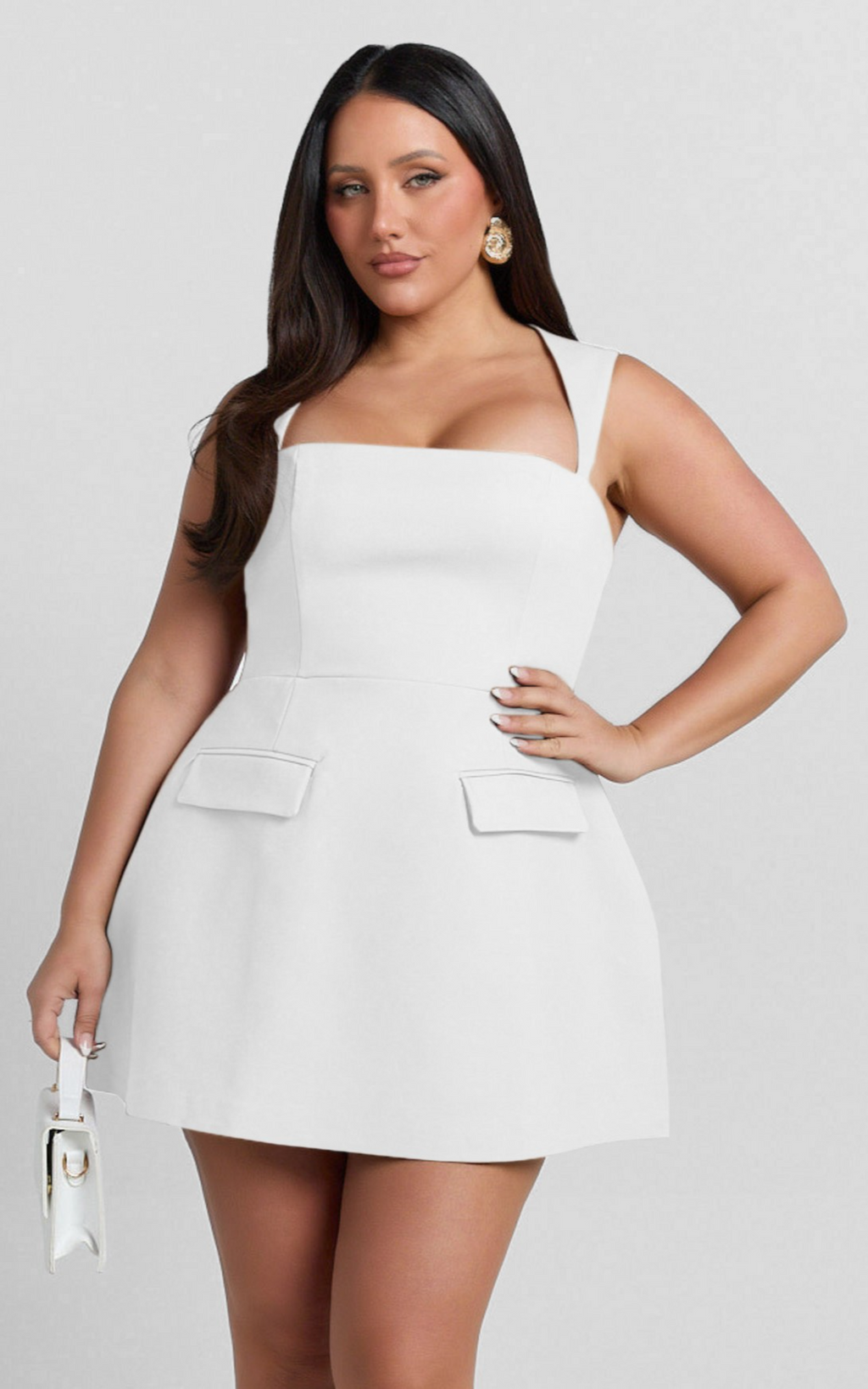 Garrett Mini Elbise - Beyaz Kare Yaka Fit & Flare Elbise