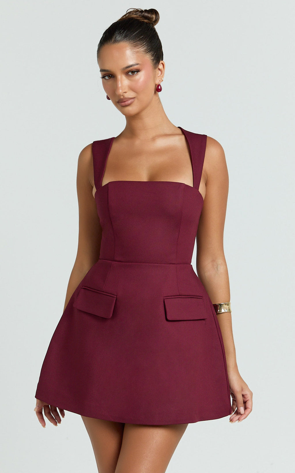 Garrett Mini Elbise - Bordo Kare Yaka Fit & Flare Elbise