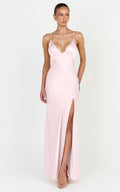 Georgie Maxi Elbise - Pembe Saten V Yaka Verev Kesim Slip Elbise
