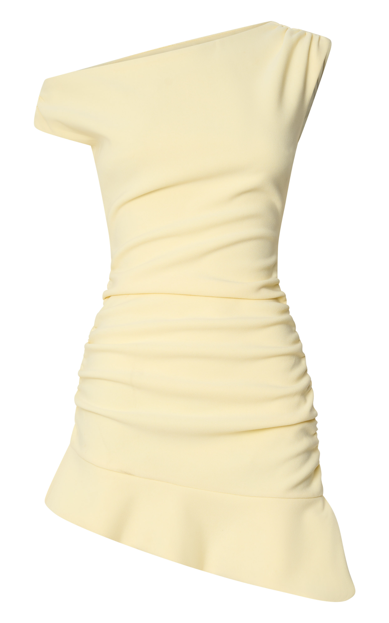 Goldie Mini Elbise - Limon Sarısı Omuzları Açık Kısa Kollu Büzgülü Vücuda Oturan Fırfır Etek Uçlu Elbise