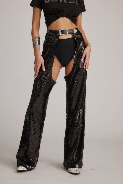Hartley Siyah Payetli Chaps Pantolon