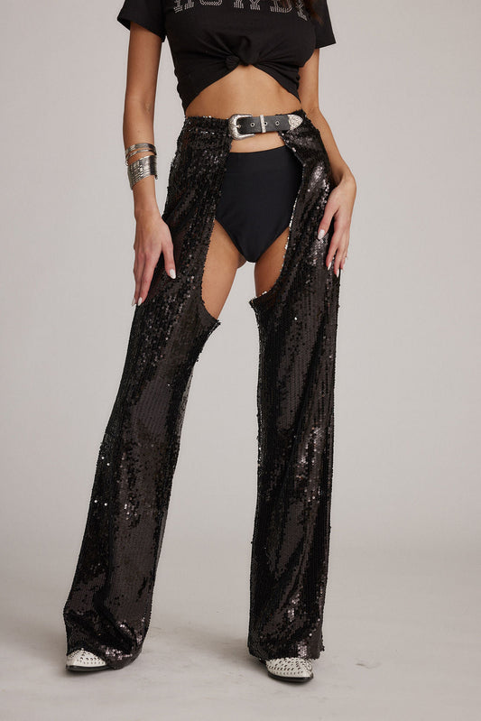 Hartley Siyah Payetli Chaps Pantolon