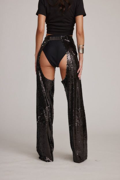 Hartley Siyah Payetli Chaps Pantolon