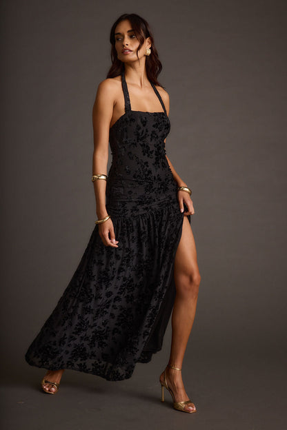 Hollow Siyah Devore Halter Maxi Elbise