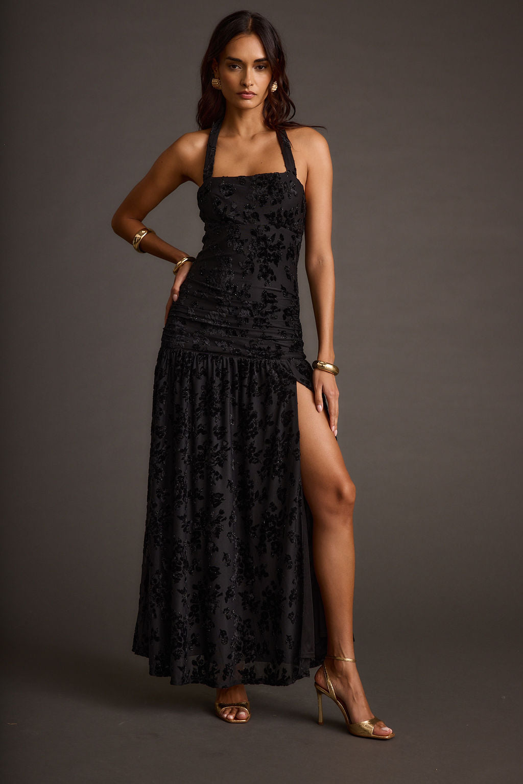 Hollow Siyah Devore Halter Maxi Elbise