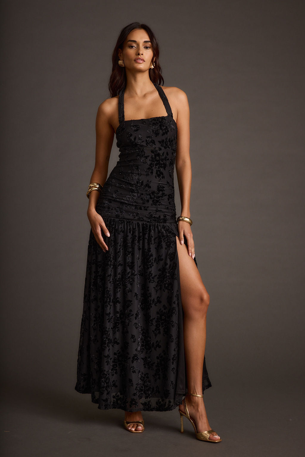 Hollow Siyah Devore Halter Maxi Elbise