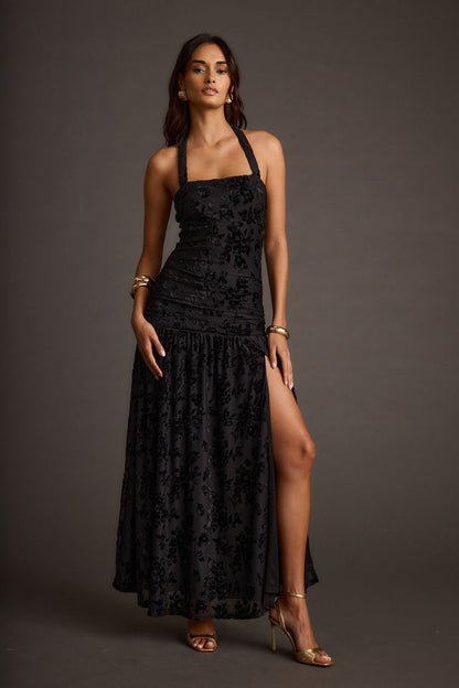 Hollow Siyah Devore Halter Maxi Elbise