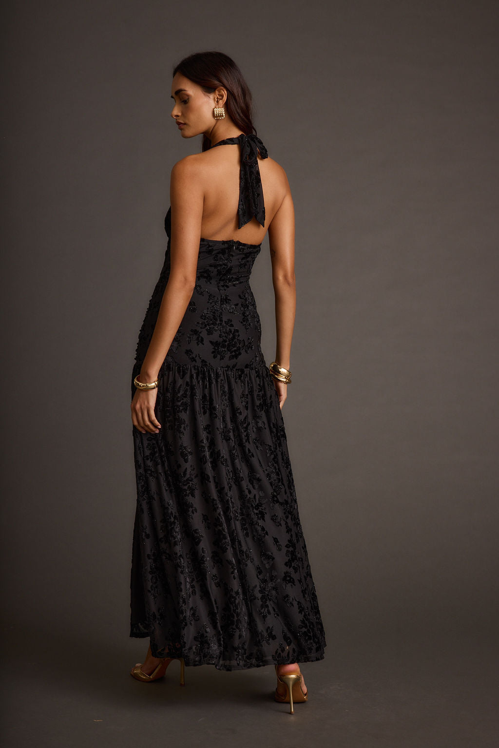 Hollow Siyah Devore Halter Maxi Elbise