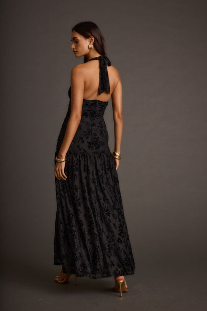 Hollow Siyah Devore Halter Maxi Elbise