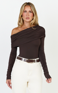 Hallie Bodysuit - Çikolata Tek Omuz Drapeli Uzun Kollu Bodysuit