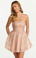 Hana Mini Elbise - Straplez Fit & Flare Payetli Elbise - Rose Altın