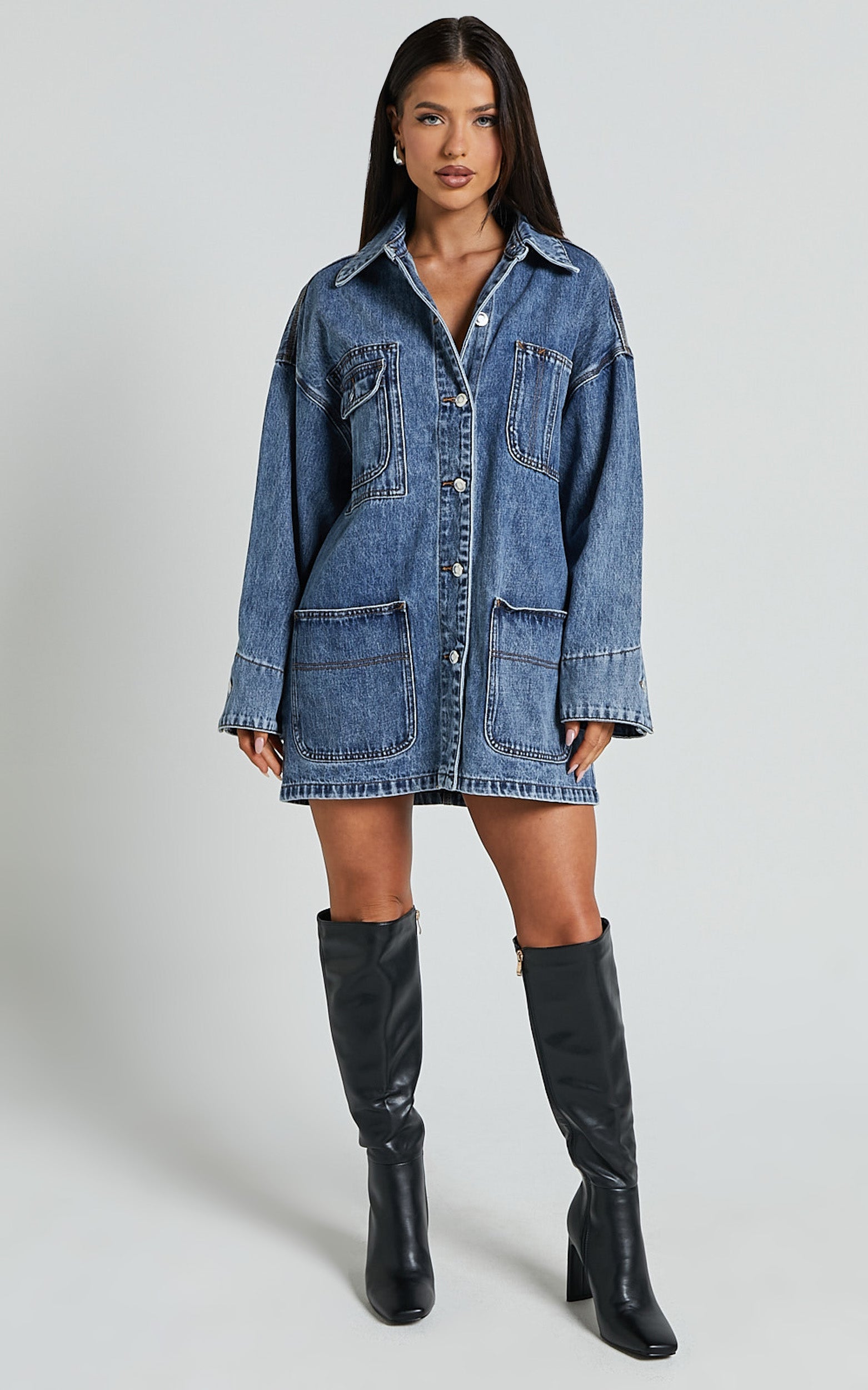 Harlow Ceket - Orta Mavi Yıkamalı Oversize Uzun Kollu Denim Ceket