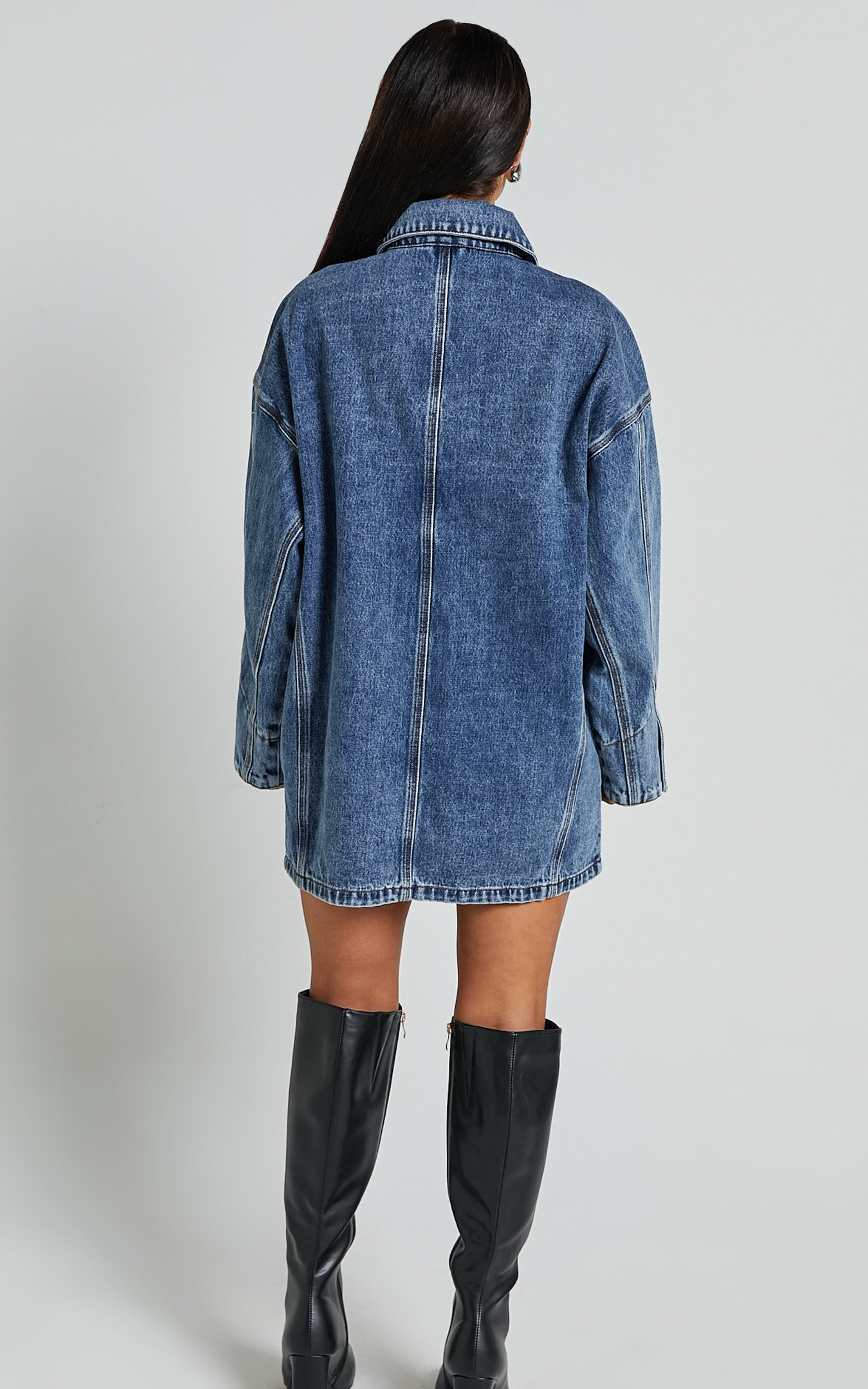 Harlow Ceket - Orta Mavi Yıkamalı Oversize Uzun Kollu Denim Ceket
