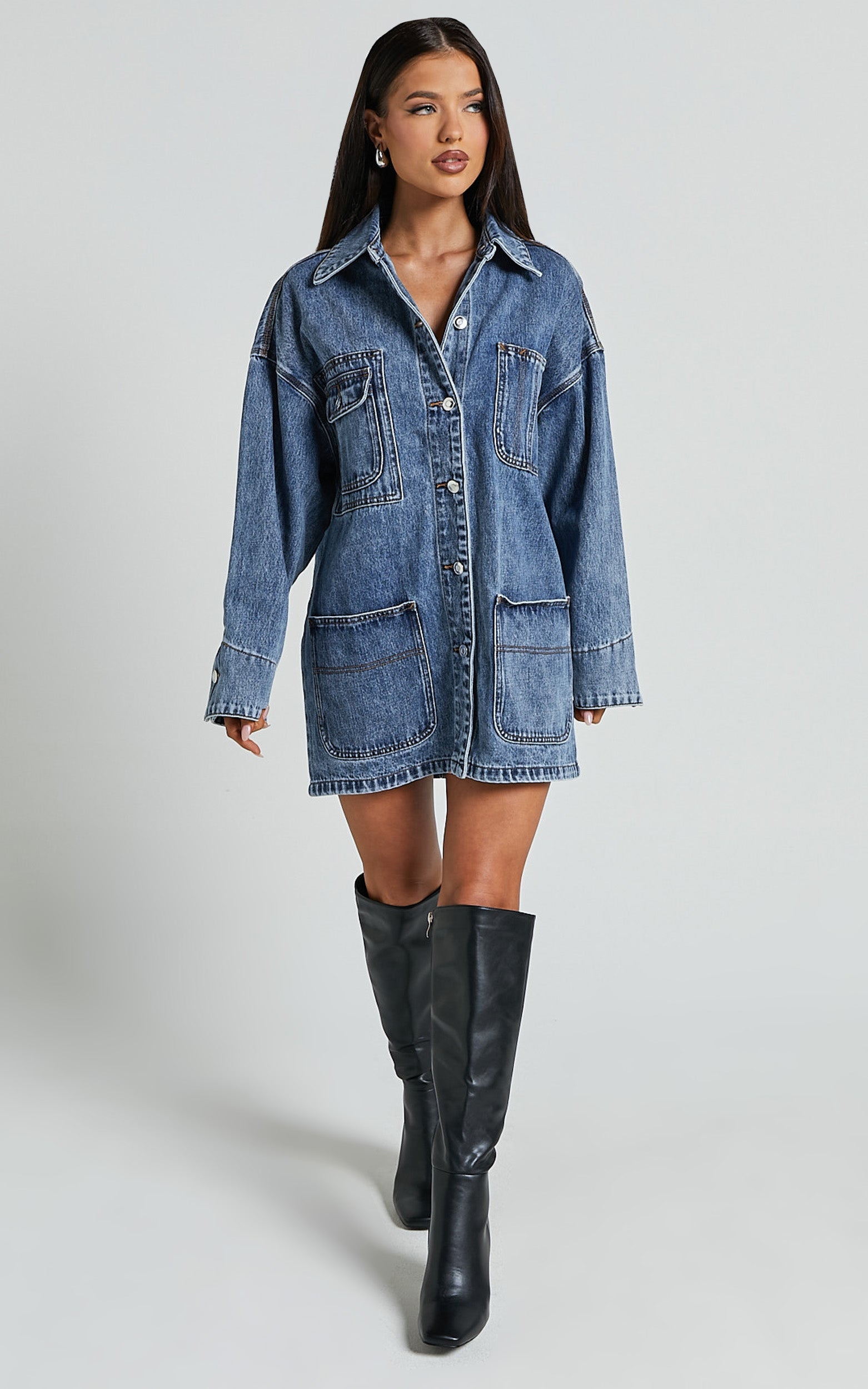 Harlow Ceket - Orta Mavi Yıkamalı Oversize Uzun Kollu Denim Ceket
