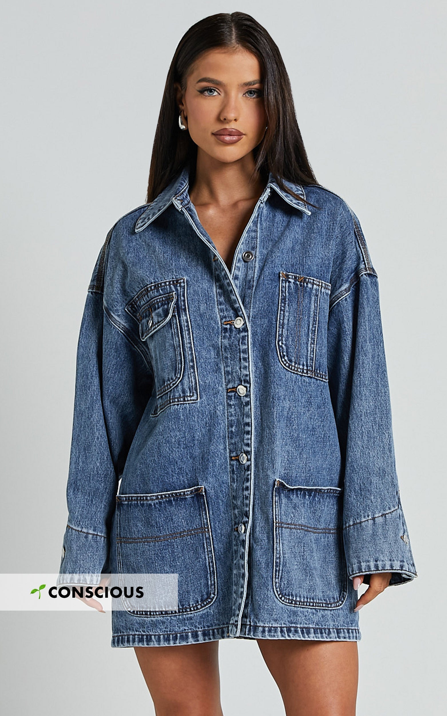 Harlow Ceket - Orta Mavi Yıkamalı Oversize Uzun Kollu Denim Ceket