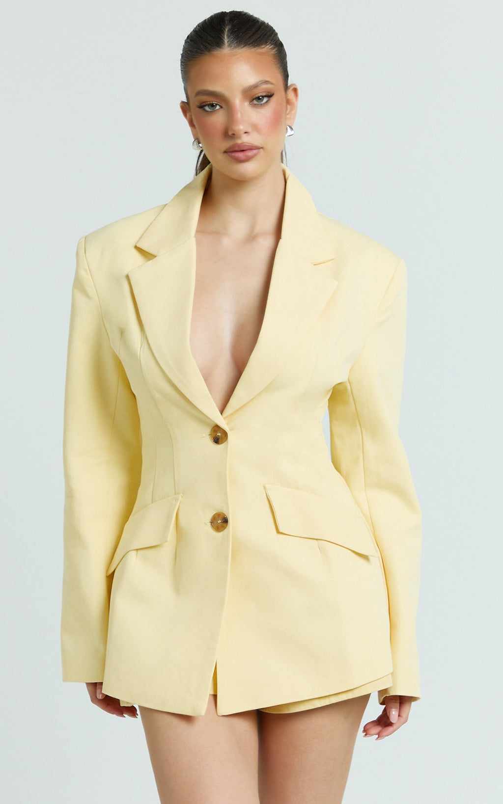 Harvey Blazer - Limon Sarısı 3 Düğmeli Kare Etek Uçlu Blazer Ceket
