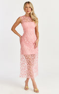 Hazel Midi Elbise - Pembe 3D Çiçekli File Bodycon Elbise