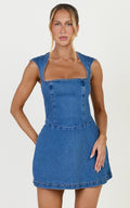 Heather Mini Elbise - Orta Mavi Yıkamalı Kare Yaka A Kesim Denim Elbise