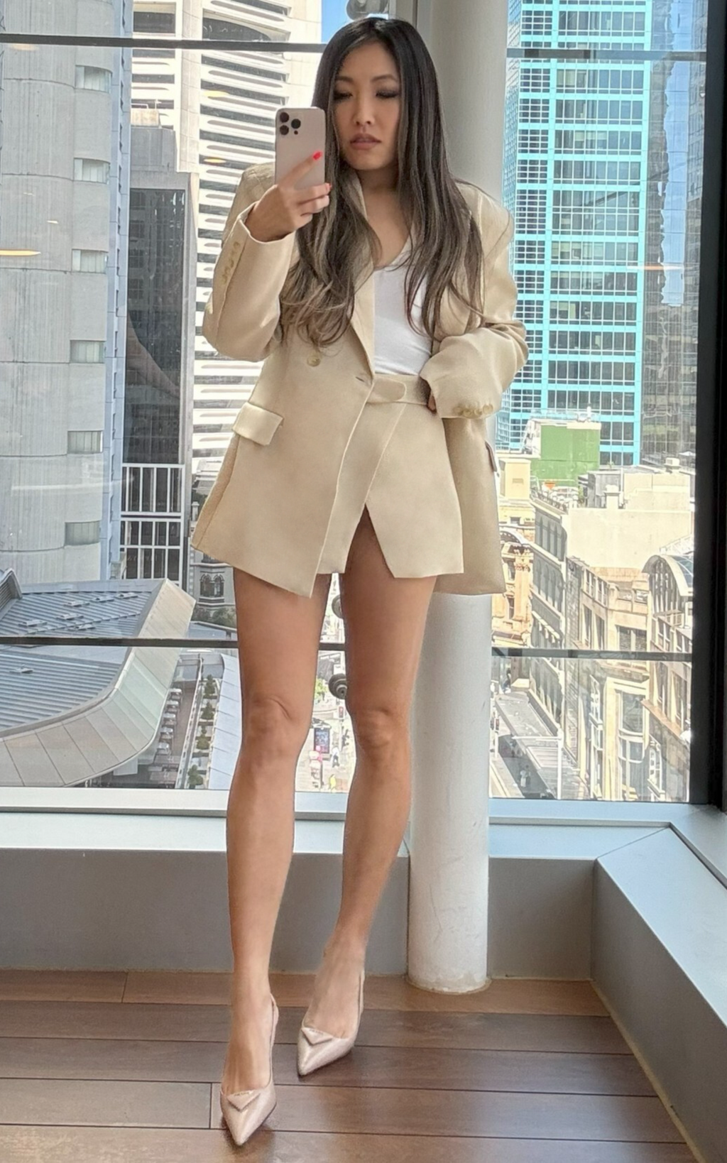 Tessa Blazer - Bej Oversize Beli Büzgülü Kruvaze Blazer Ceket