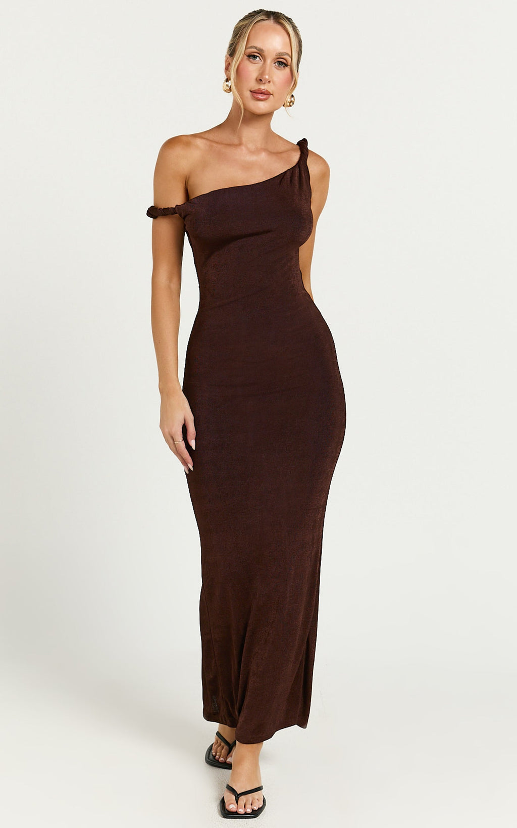 Isabel Midi Elbise - Çikolata Kahvesi Bükümlü Omuzları Açık Bodycon Elbise