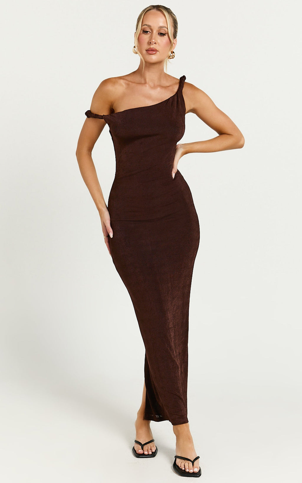 Isabel Midi Elbise - Çikolata Kahvesi Bükümlü Omuzları Açık Bodycon Elbise