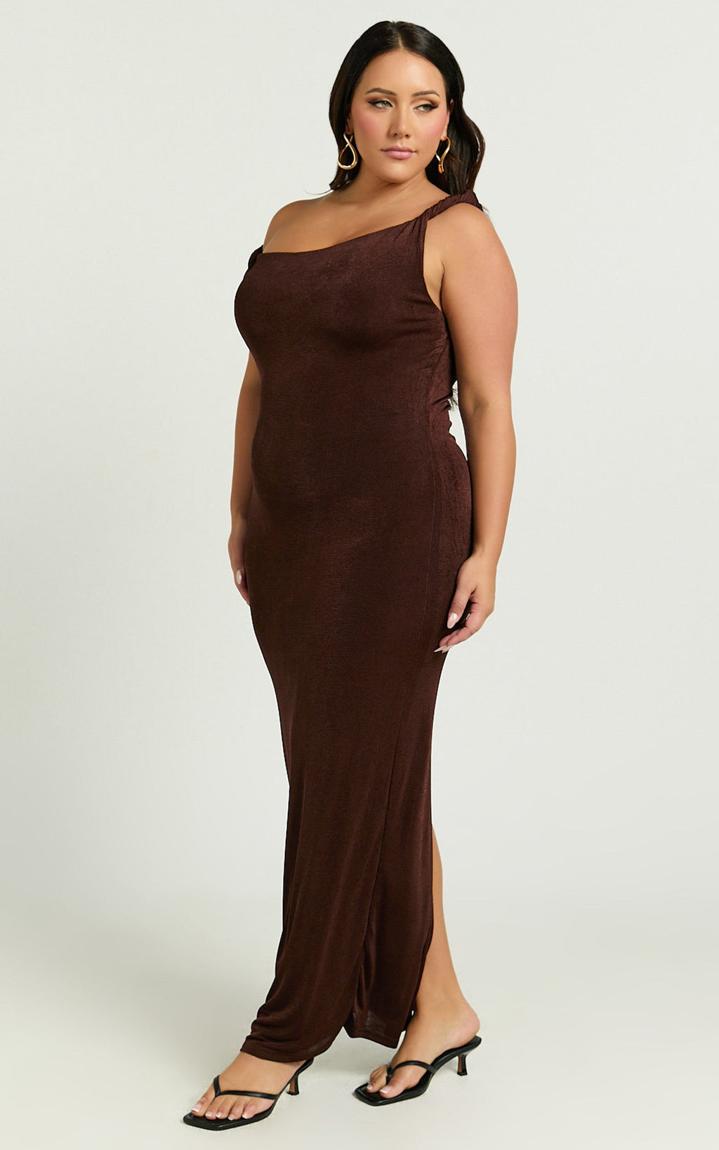 Isabel Midi Elbise - Çikolata Kahvesi Bükümlü Omuzları Açık Bodycon Elbise