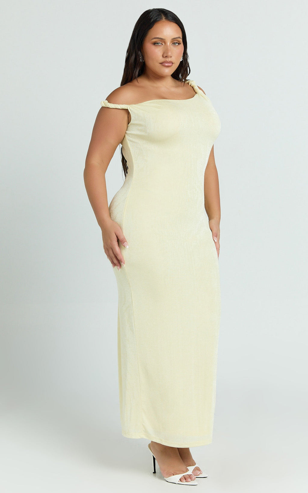 Isabel Midi Elbise - Limon Sarısı Bükümlü Omuzları Açık Bodycon Elbise