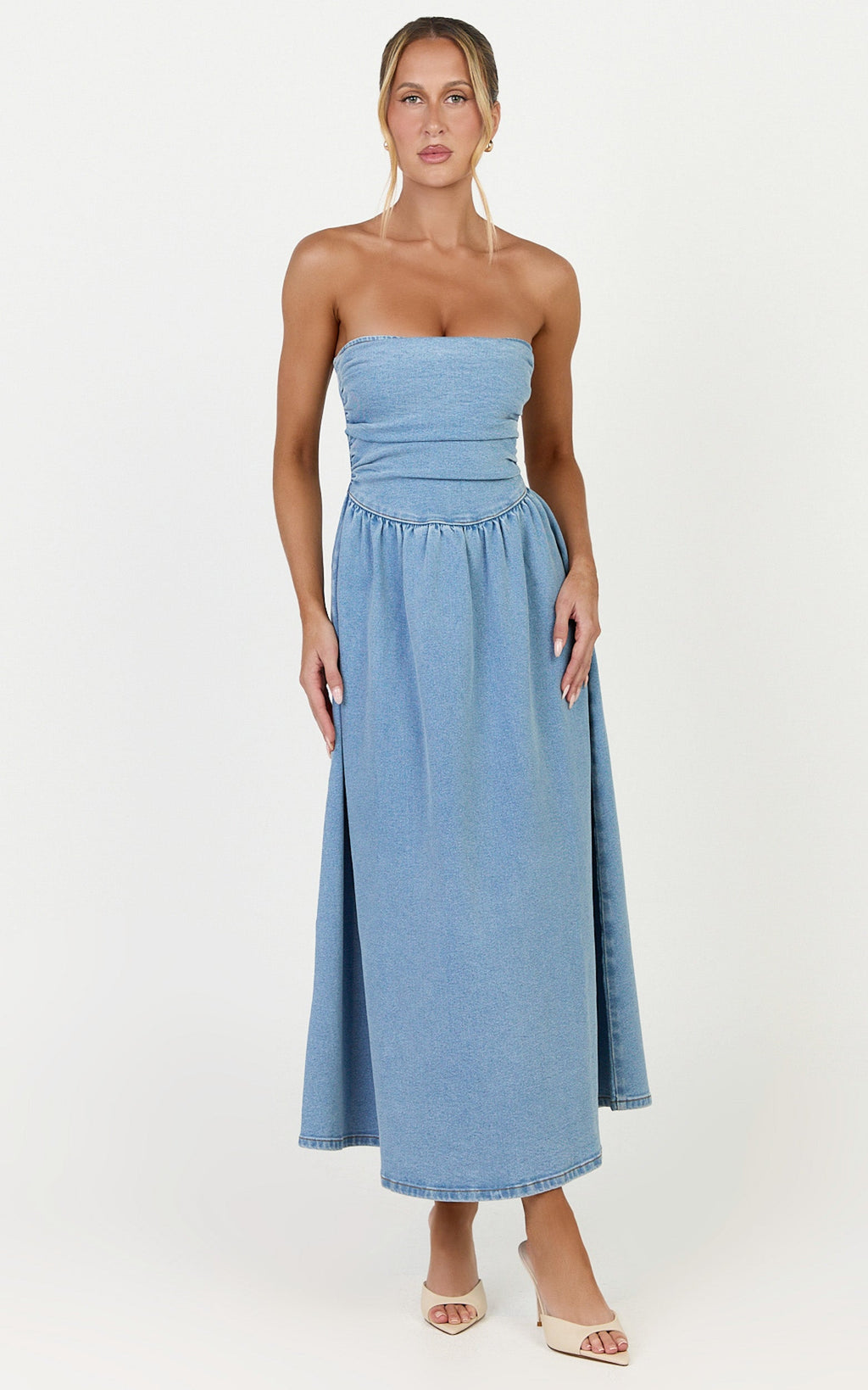 Isabella Midi Elbise - Orta Mavi Yıkamalı Straplez Büzgülü Denim Elbise