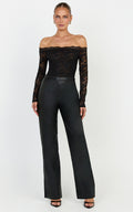 Isabelle Bodysuit - Siyah Omuzları Açık Uzun Kollu Dantel Bodysuit