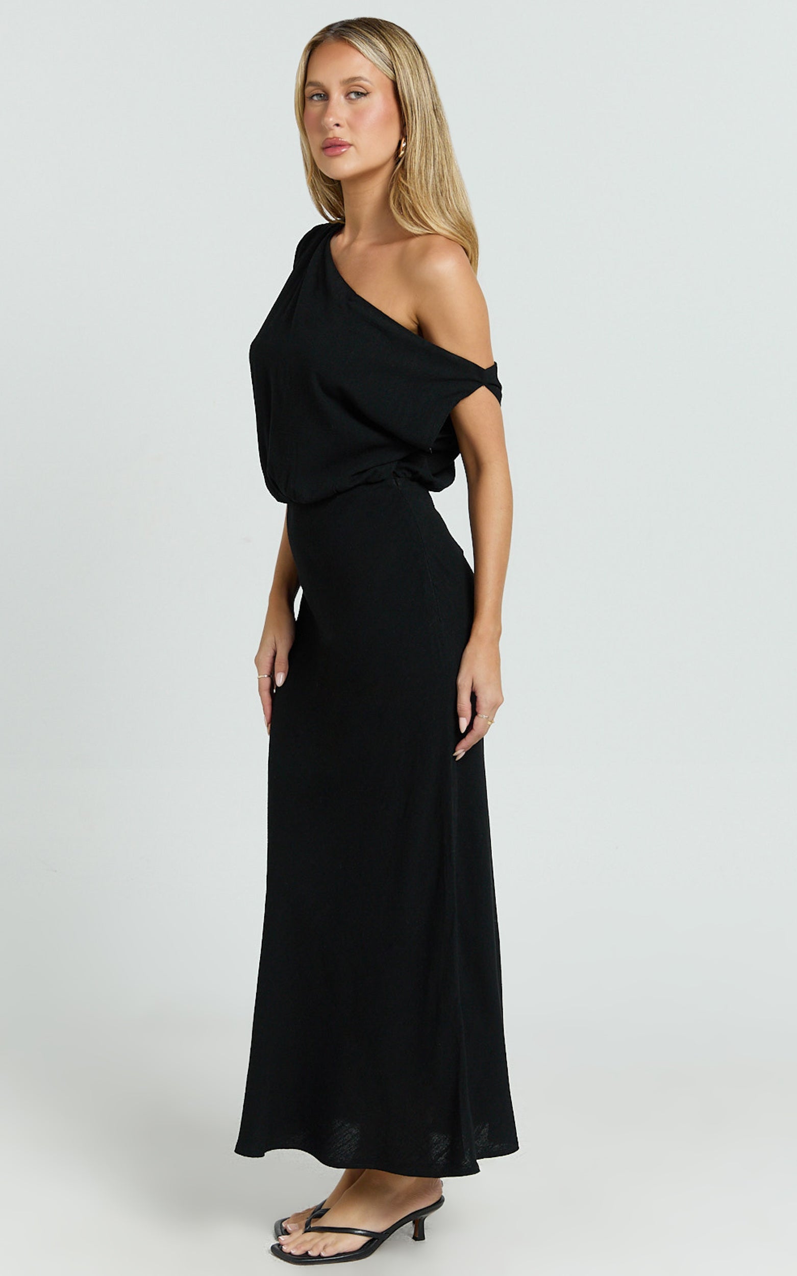 Jacqueline Midi Elbise - Siyah Keten Tek Omuz Elbise