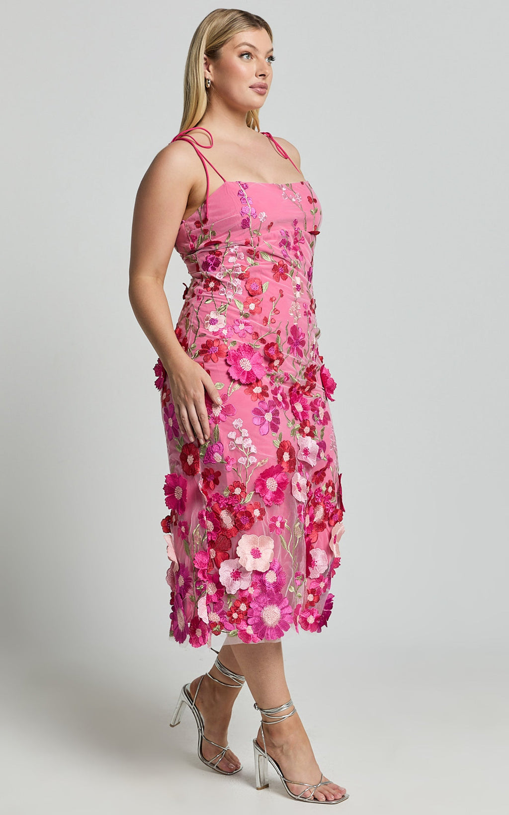 Jamich Midi Elbise - Magenta Düz Yaka Bağlamalı Askılı Kalem Elbise