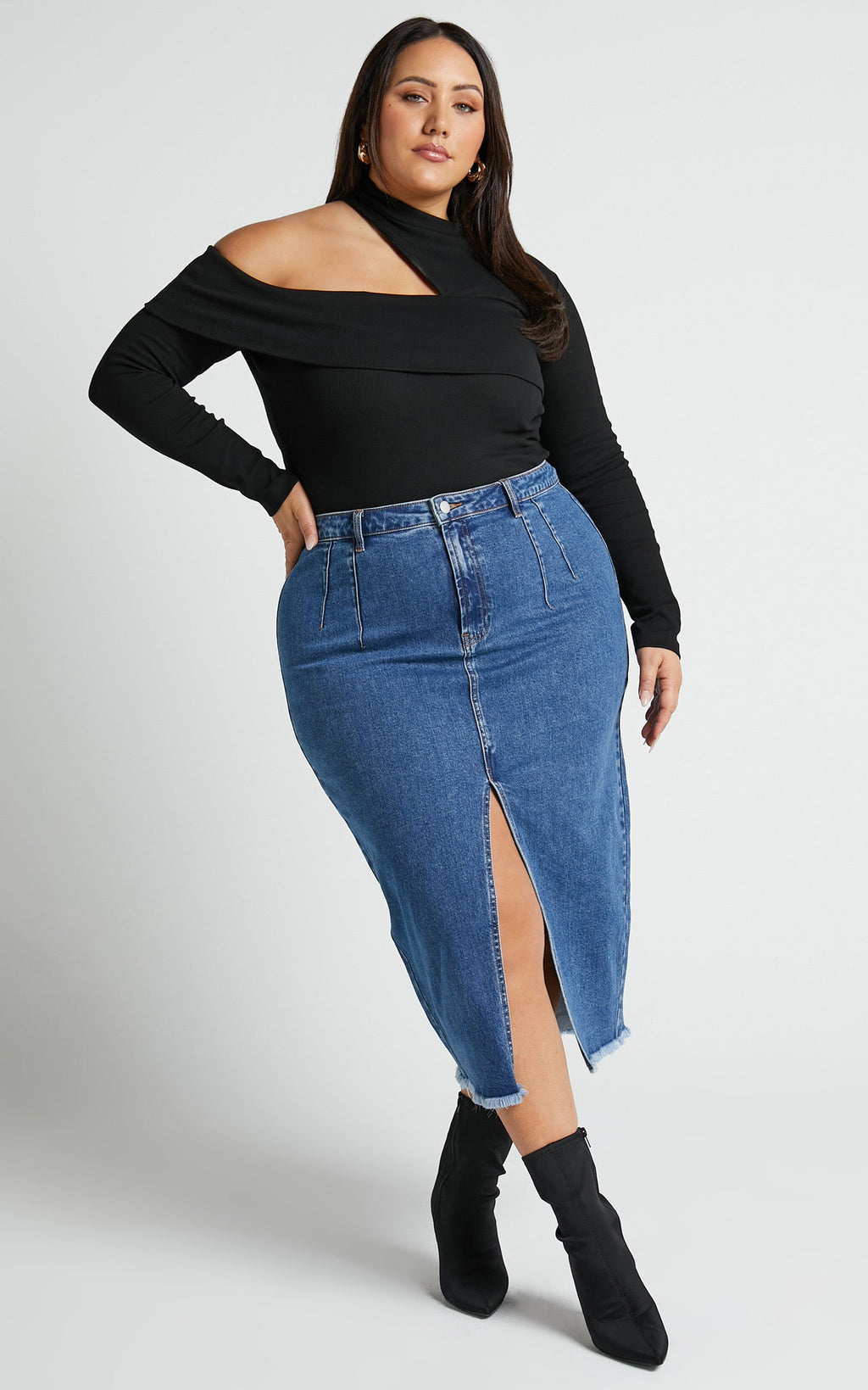 Janeve Midi Etek - Koyu Mavi Önden Yırtmaçlı Denim Etek