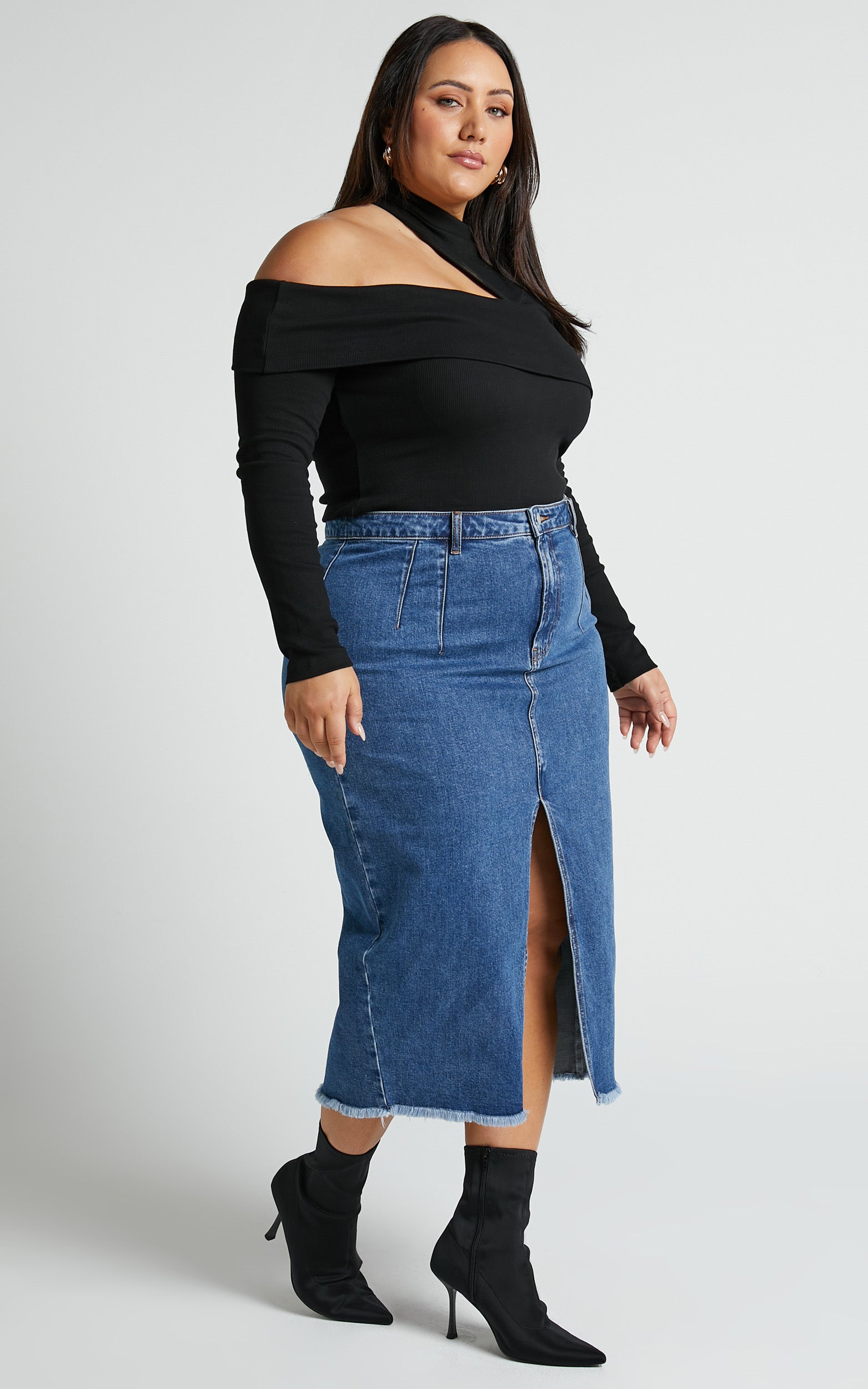 Janeve Midi Etek - Koyu Mavi Önden Yırtmaçlı Denim Etek