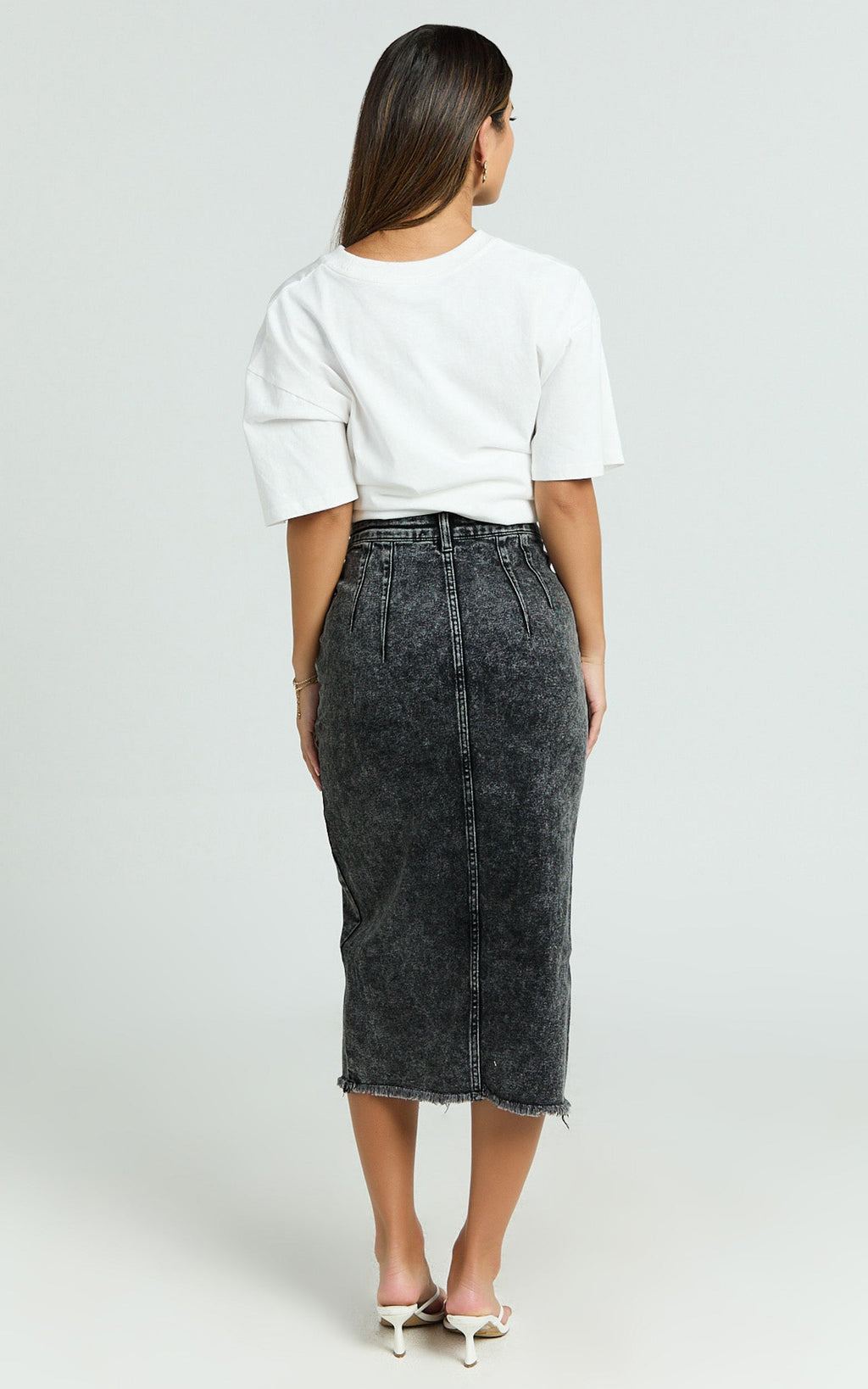 Janeve Midi Etek - Siyah Asit Yıkamalı Önden Yırtmaçlı Denim Etek
