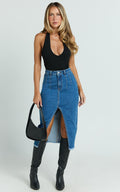 Janeve Midi Etek - Koyu Mavi Önden Yırtmaçlı Denim Etek