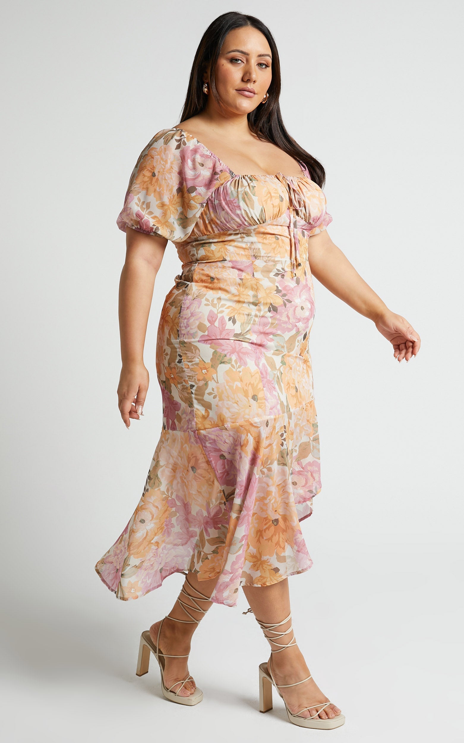 Jasalina Midi Elbise - Elegant Rose Desenli Balon Kollu Elbise