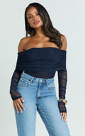 Jaythen Bodysuit - Lacivert Uzun Kollu Omuzları Açık Büzgülü File Bodysuit