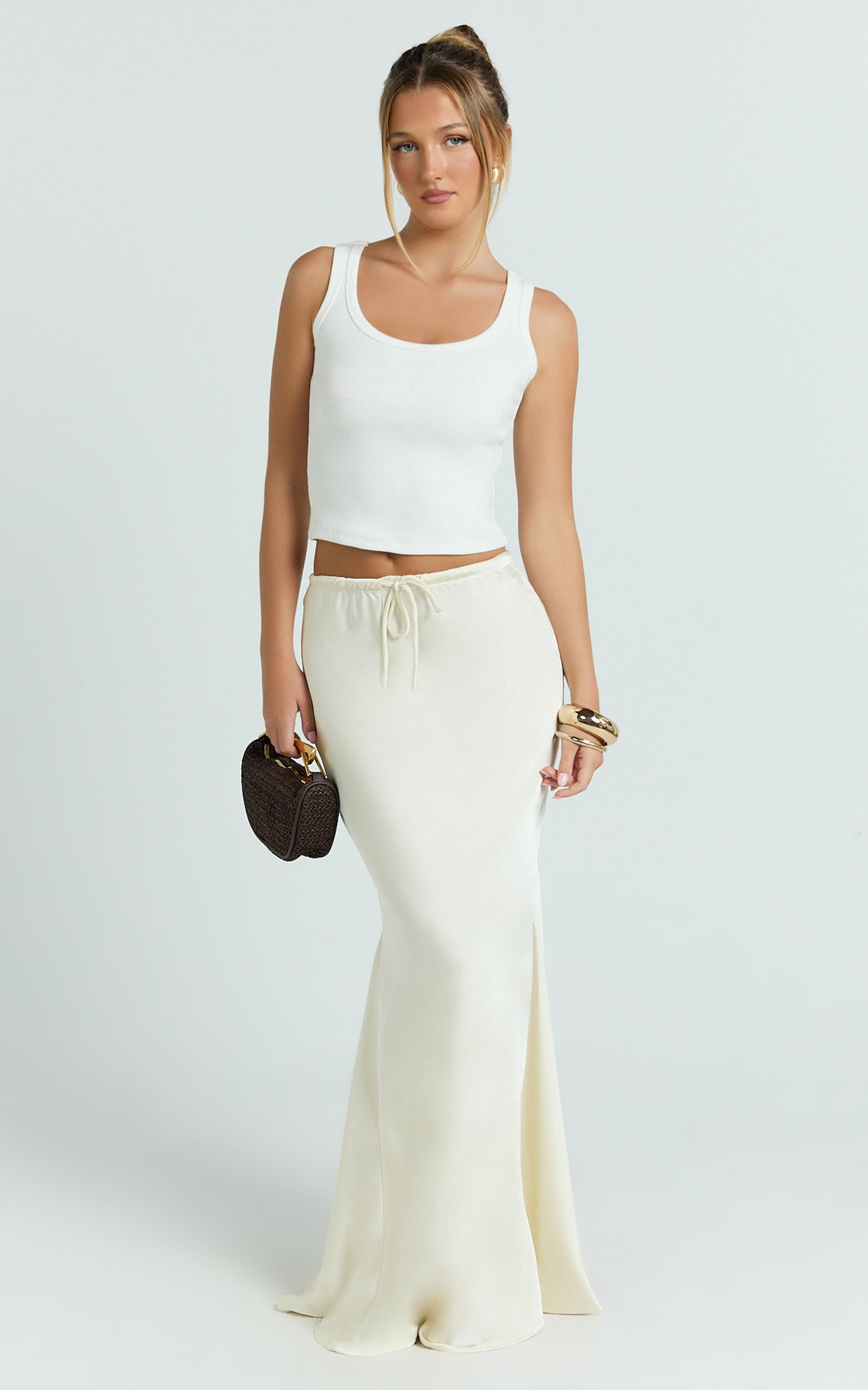 Jenna Maxi Etek - İstiridye Rengi Orta Bel Saten Maxi Etek