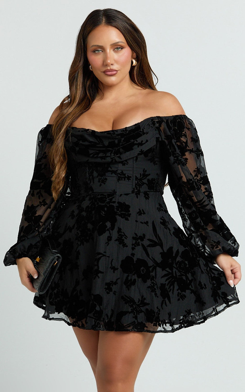 Jessell Mini Elbise - Ebony Burnout Desenli Uzun Kollu Degaje Korsajlı Elbise