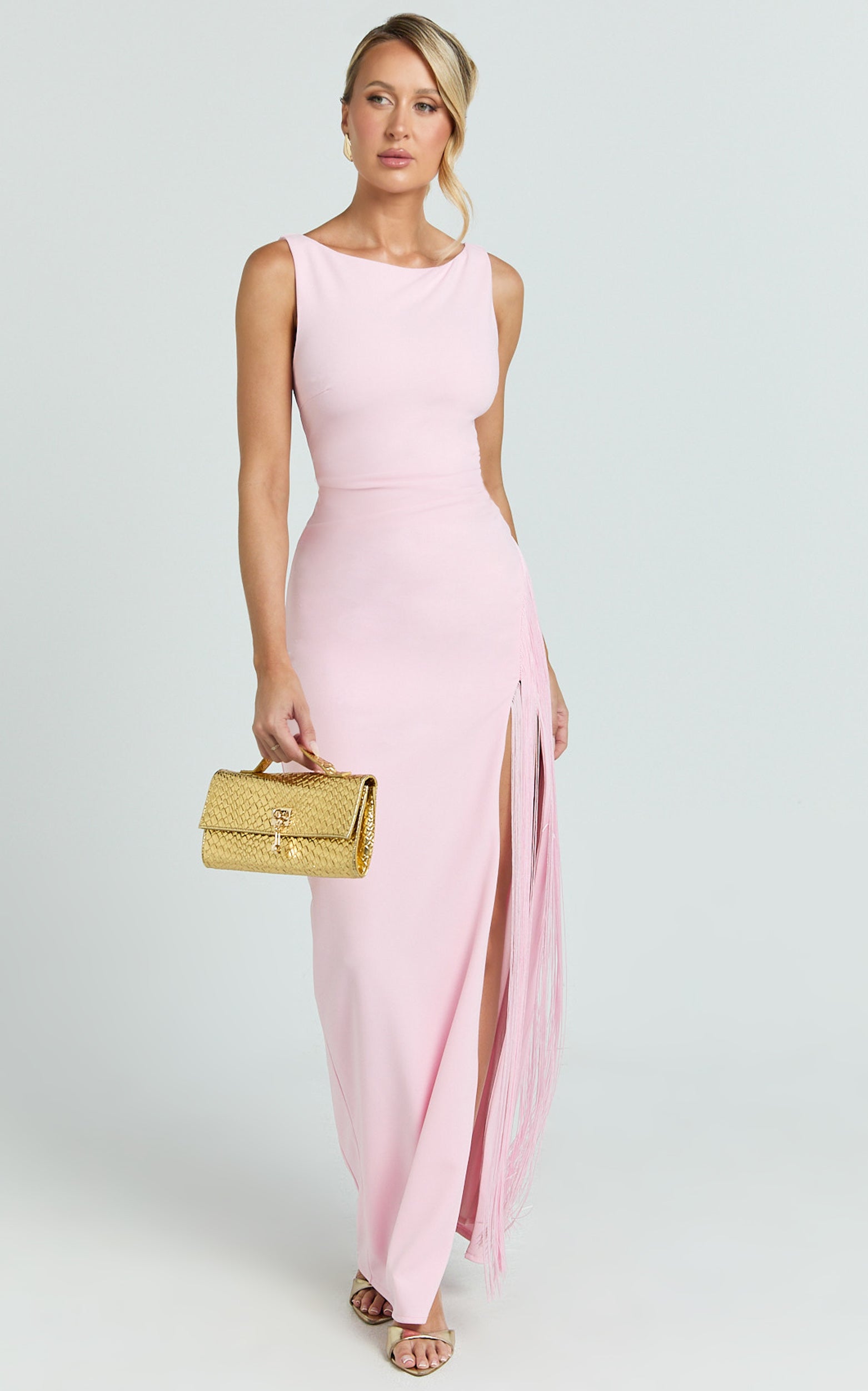 Joanne Maxi Elbise - U Yaka Püsküllü Elbise - Pembe