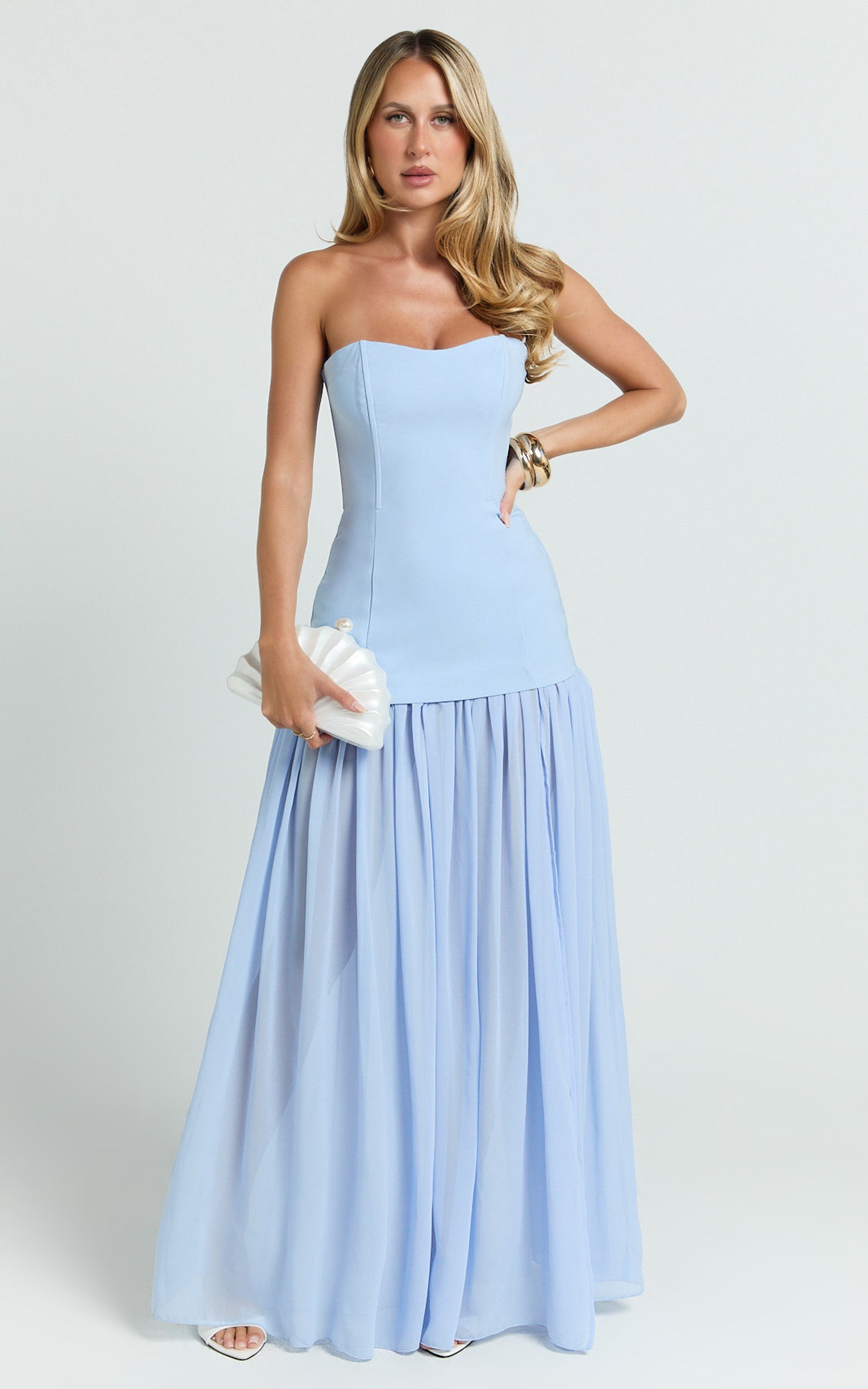Jocelyn Maxi Elbise - Mavi Straplez Büzgülü Fit & Flare Elbise