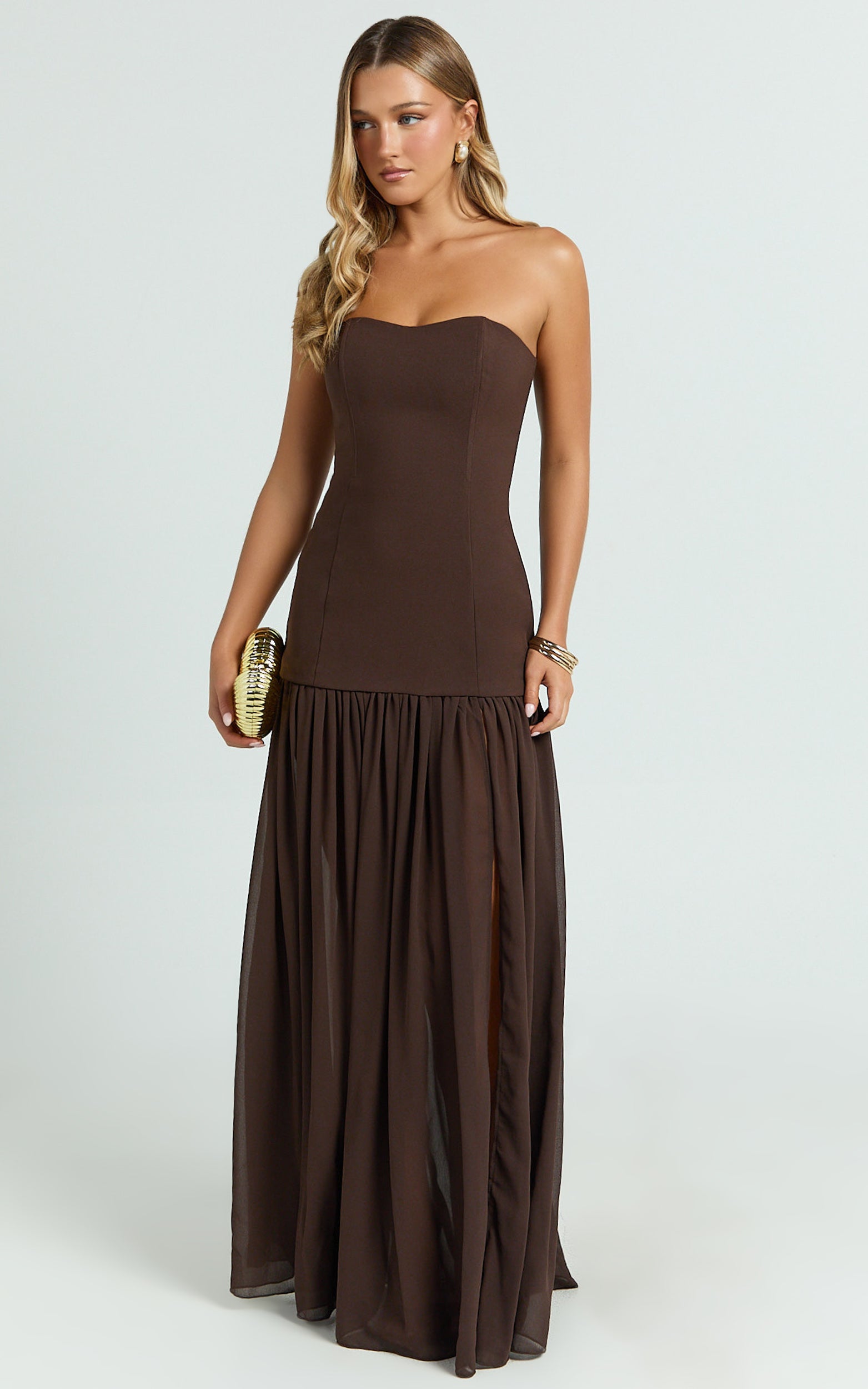 Jocelyn Maxi Elbise - Çikolata Rengi Straplez Büzgülü Fit & Flare Elbise