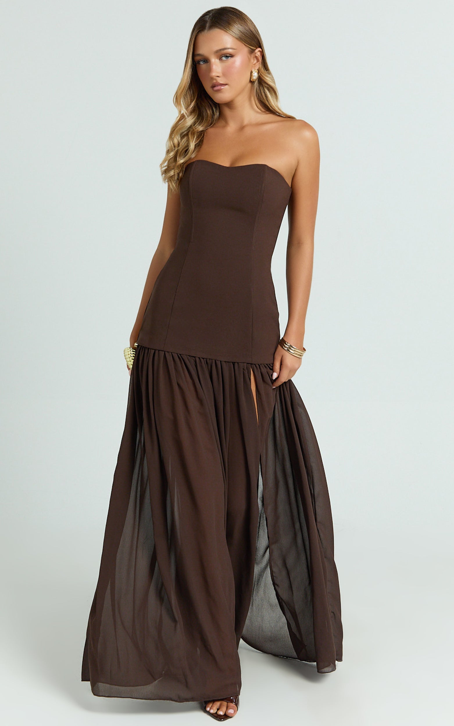 Jocelyn Maxi Elbise - Çikolata Rengi Straplez Büzgülü Fit & Flare Elbise