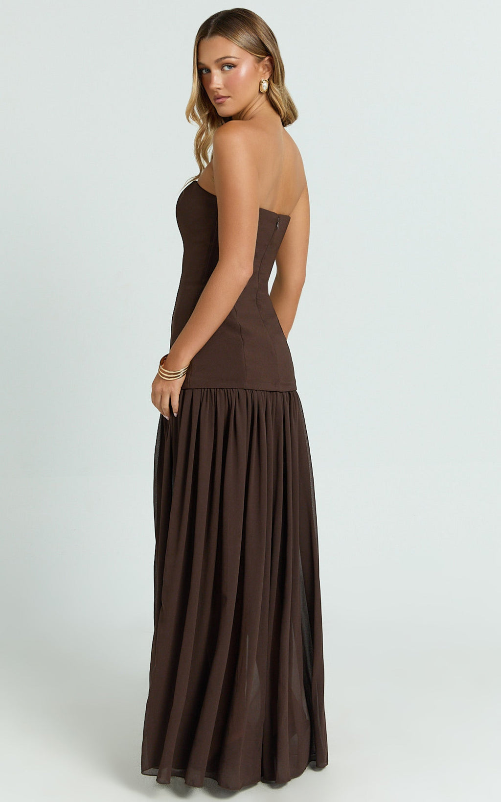 Jocelyn Maxi Elbise - Çikolata Rengi Straplez Büzgülü Fit & Flare Elbise