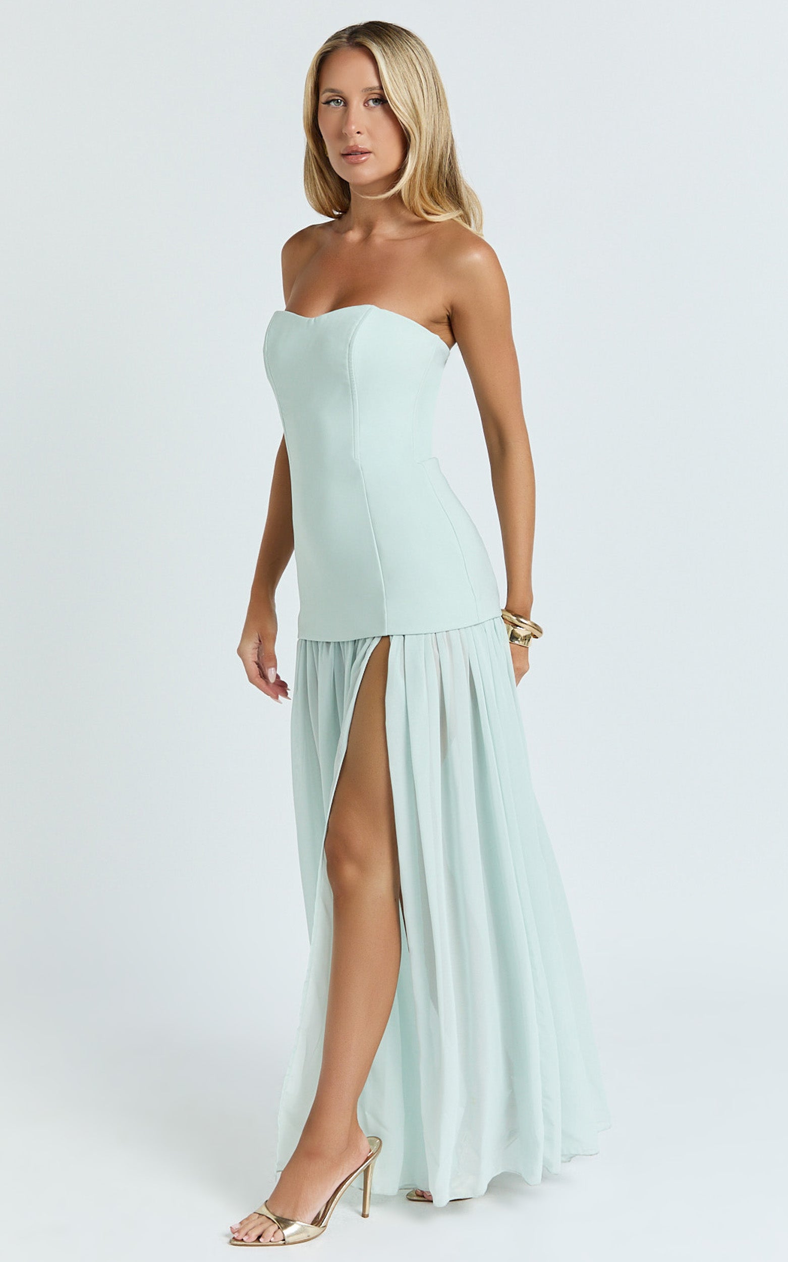Jocelyn Maxi Elbise - Mint Straplez Büzgülü Fit & Flare Elbise