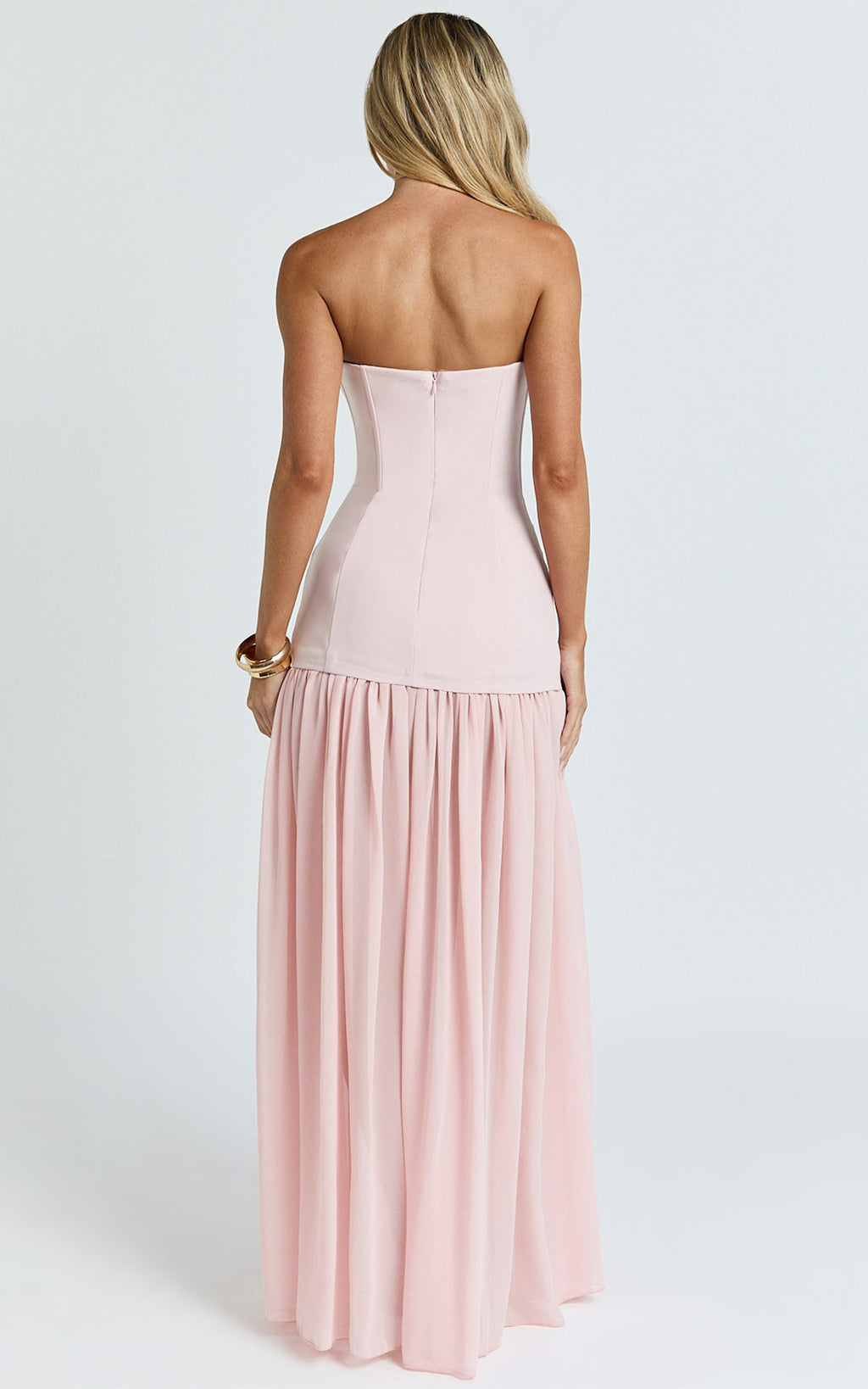 Jocelyn Maxi Elbise - Pembe Straplez Büzgülü Fit & Flare Elbise