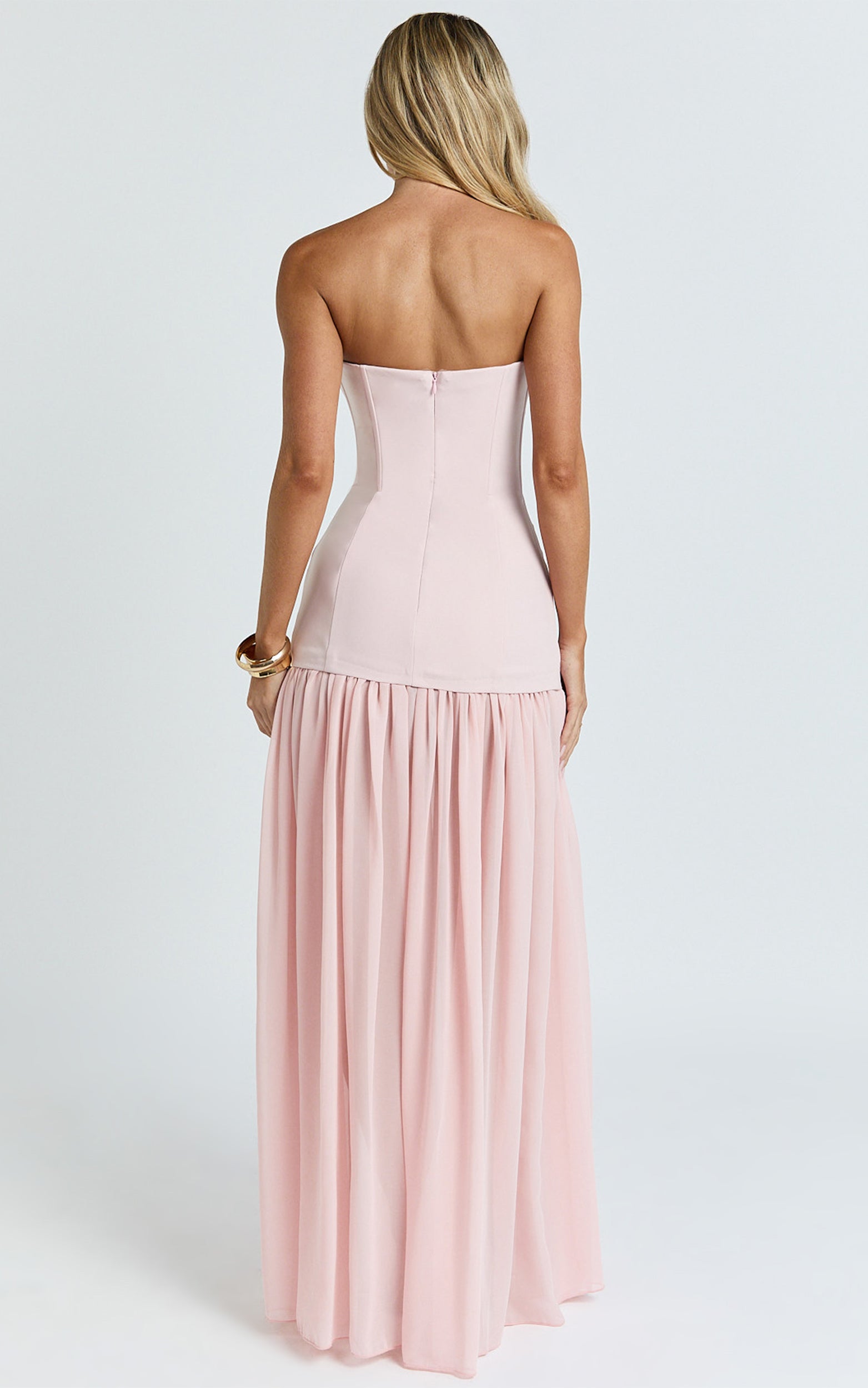 Jocelyn Maxi Elbise - Pembe Straplez Büzgülü Fit & Flare Elbise