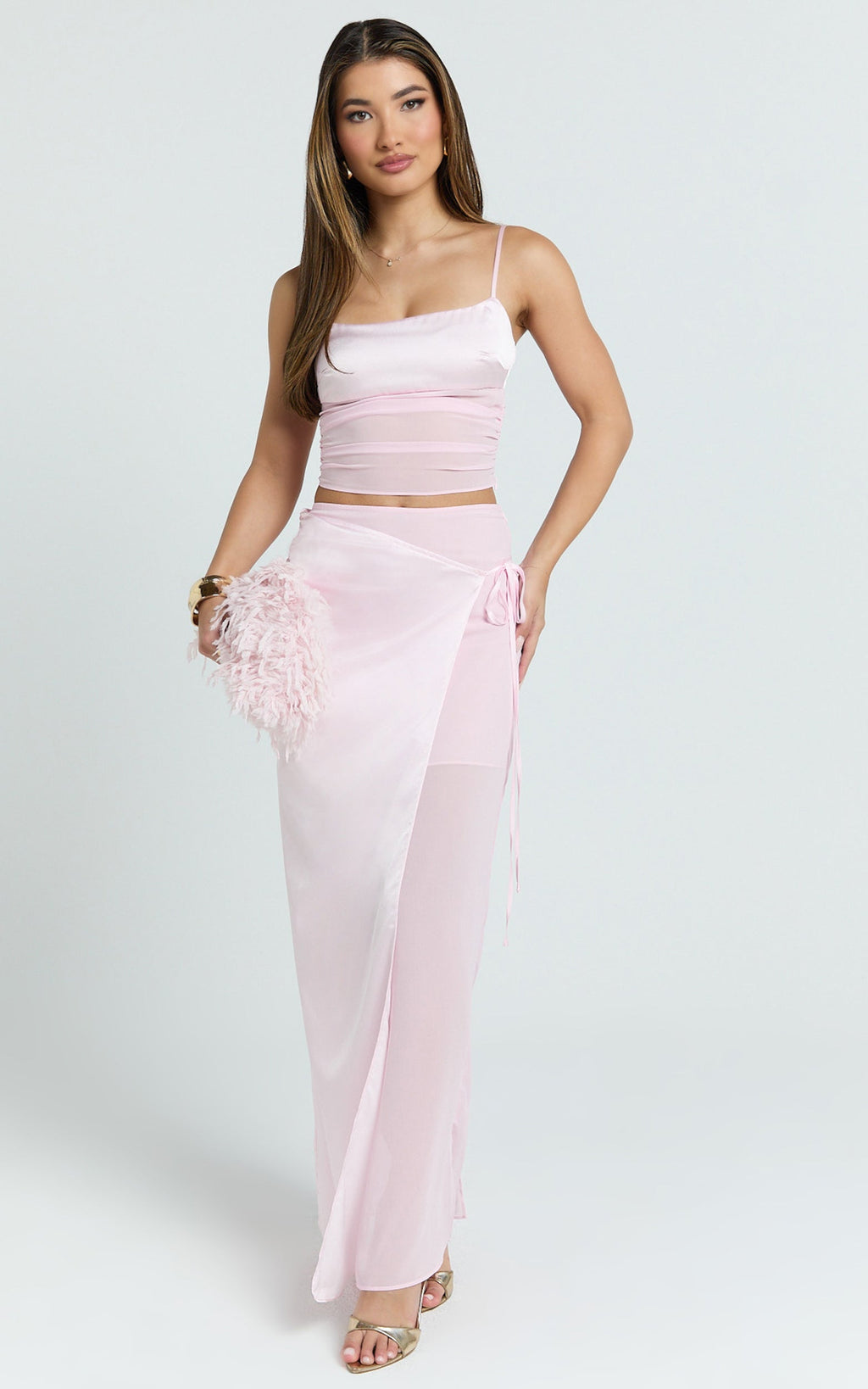 Jordyn İkili Üst ve Etek Takımı - Pembe Kare Yaka Askılı Üst ve Maxi Etek